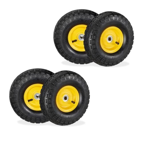 Relaxdays 4X Sackkarrenrad 4.10/3.50-4, luftbereifte Ersatzräder, 16mm Achse, 136kg, Stahlfelge, 260x85 mm, schwarz-gelb