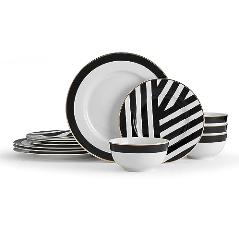 Mikasa Luxe Deco 12-teiliges Porzellanservice, Tafelservice für 4 Personen mit geometrischem Druck | 4x Speiseteller, 4x Beilagenteller & 4x Schalen - spülmaschinenfest