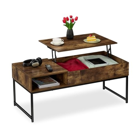 Relaxdays Couchtisch aufklappbar, HBT: 45x110x50 cm, Seitenfach, Wohnzimmertisch mit Stauraum, Holzoptik & Metall, braun