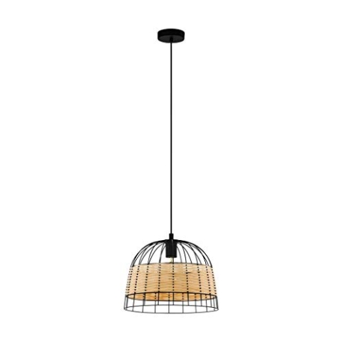 EGLO Pendelleuchte Anwick, 1 flammige Hängelampe Vintage, Boho, Hängeleuchte aus Stahl und Rattan, Esstischlampe, Wohnzimmerlampe hängend in Schwarz, Natur, E27 Fassung, Ø 37 cm