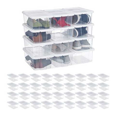 48 x Schuhbox Kunststoff, stapelbar, durchsichtige Aufbewahrungsboxen mit Deckel, HxBxT: 12,5 x20 x 34,5 cm, weiß