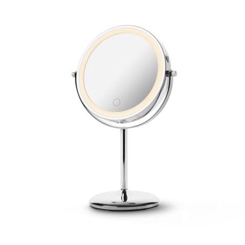 Medisana CM 844 Kosmetikspiegel mit Vergrößerung, Tischspiegel mit Beleuchtung, kabelloser Spiegel mit Akku, stufenloses LED-Licht und 2 drehbare Spiegelflächen ohne und mit 7-facher Vergrößerung
