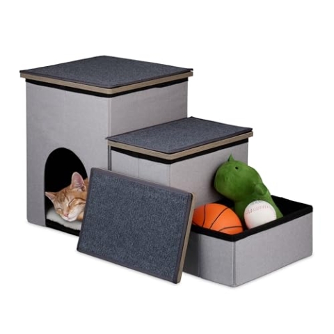 Relaxdays Hundetreppe 3 Stufen, mit Höhle & Stauraum, Hunde & Katzen, HBT: 41,5 x 72 x 33 cm, Faltbare Tiertreppe, grau