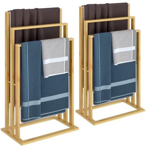 CASARIA® 2er Set Handtuchhalter Freistehend Bambus Holz 3 Stangen 40x24x82cm Ablage Handtuchständer Stehend Badzimmer Handtuchstange Ohne Bohren