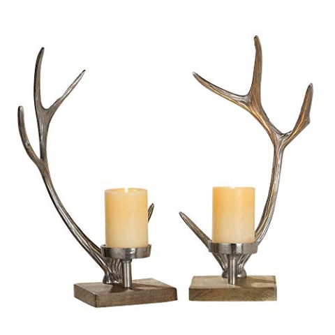 GILDE Kerzenständer Geweih aus Aluminium mit Holzfuß, 41,5x19,5x14 cm, Silber, 2-teiliges Set