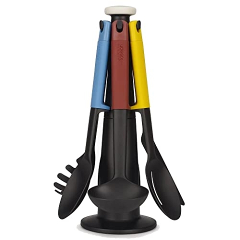 Joseph Joseph Elevate Küchenhelfer-Set, 6-teilig mit drehbarem Ständer, ergonomische Silikongriffe, antihaftbeschichtete Köpfe – Blau Multicolor