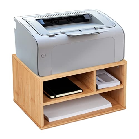 Relaxdays Printer Stand Druckerständer Schreibtisch, 3 Fächer, Regal für Drucker, HxBxT: 22 x 40 x 30 cm, Bambus Organizer, Natur, 100