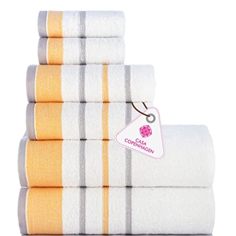 Casa Copenhagen White Bay-Handtuch aus 600 g/m² ägyptischer Baumwolle für Hotel, Spa, Küche und Bad, 6-teiliges Set mit 2 Bädern, 2 Händen, 2 Waschlappen – Weiß mit goldenem und grauem Rand