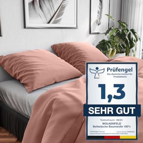 Wolkenfeld Bettwäsche 155x220 Baumwolle Rosa - Atmungsaktiv - 1x Bettbezug 155x220 + 1x Kissenbezug 80x80 - Weiss