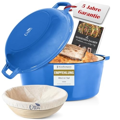 Ottia Gusseisen Topf brot backen [inkl. Gärköbchen] - Emaille Topf 26cm - Brotbackform mit Deckel, Idealer Brotbacktopf, Schmortopf, Bratentopf - auch für Induktion | Händler aus Hamburg