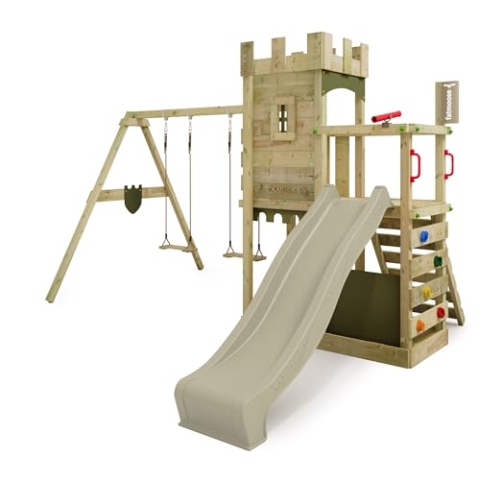 FATMOOSE Spielturm Ritterburg BoldBaron Boost XXL mit Schaukel & salbeigrüner Rutsche, Outdoor Kinder Kletterturm mit Sandkasten Leiter & Spiel-Zubehör für den Garten