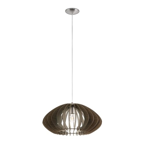 EGLO Pendelleuchte Cossano 2, 1 flammige Hängelampe Vintage, Hängeleuchte aus Stahl und Holz in Nickel-Matt, Dunkel-Braun, Esstischlampe, Wohnzimmerlampe hängend mit E27 Fassung, Ø 50 cm