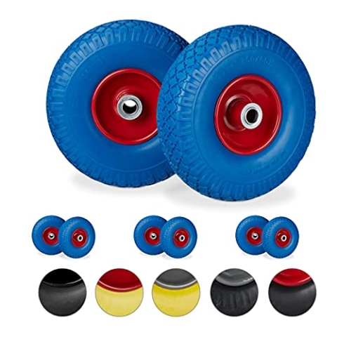 Relaxdays 8 x Sackkarrenrad, pannensichere Vollgummireifen, 3.00-4" Stahlfelge, 20 mm Achse, 100kg, Ersatzrad 260 x 85mm, blau-rot
