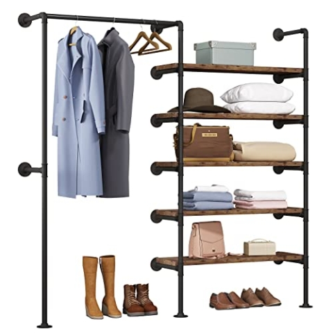 WOLTU Kleiderständer mit Ablagen, Garderobe mit Kleiderstange, Garderobenständer Wandmontage, Vintage Industrial Design
