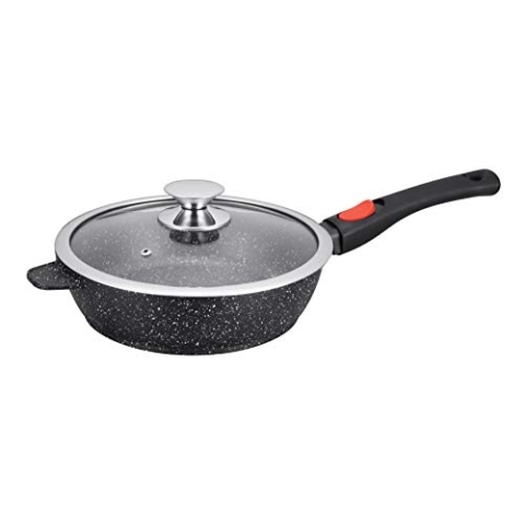 Kamberg – 0008027 – Schwenkpfanne 28 cm – Abnehmbarer Griff – Aluminiumguss – Beschichtung in Steinoptik – Mit Glasdeckel – Für alle Herdarten, auch Induktion – PFOA‑frei, 28 x 28 x 7,5 cm