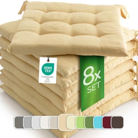 etérea 8er Set Sitzkissen Outdoor 40x40 mit Bändern - Stuhlkissen Beige für Gartenstuhl & Innenbereich - waschbare Sitzauflagen Gartenmöbel - 8 Stück Kissen 40x40 cm - Beige