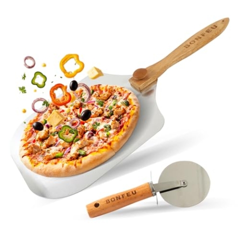BonFeu Pizzaschieber und Pizzaschneider Set - Pizzaschaufel mit Abnehmbarem Holzgriff - Pizza Schieber - Pizza Schneider - Pizzawender - Pizza Zubehör Aus Edelstahl