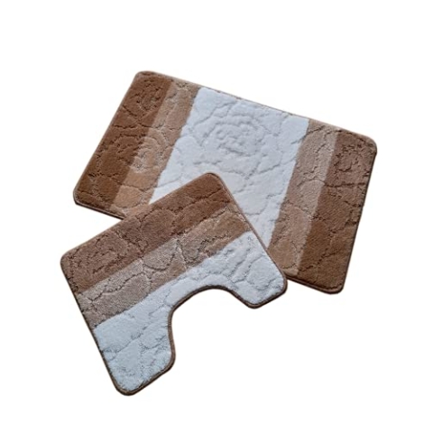 oKu-Tex Design Badematte Antirutsch Set 2 Teilig, rutschfest & waschbar, Badvorleger 50 x 80 cm für das Badezimmer, WC Vorleger mit Ausschnitt 40 x 50 cm, gestreift, braun weiß, Rose, floral