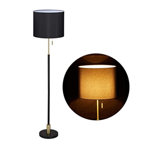 Relaxdays Stehlampe Wohnzimmer, E27, mit Kabel, Stofflampenschirm Ø40 cm, Vintage Stehleuchte 163 cm hoch, schwarz-gold