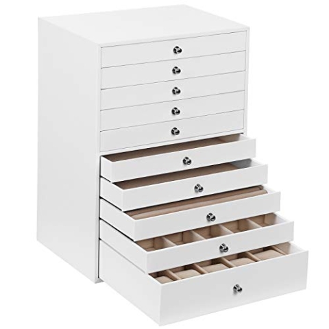 SONGMICS Schmuckkästchen, 10 Ebenen, Schmuckkasten mit Schubladen, Schmuckaufbewahrung geräumig, Schmuckschatulle modern, Geschenkidee, wolkenweiß JBC10W, Weiß