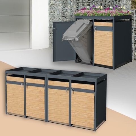 ML-Design Mülltonnenbox 4er mit Pflanzdach für 4 Tonnen, 240L 264x80x124 cm Lärchenoptik, Stahl, wetterfest, Abschließbare Mülltonnenverkleidung mit Tür, Müllbox Mülltonnecontainer Mülltonnenabdeckung