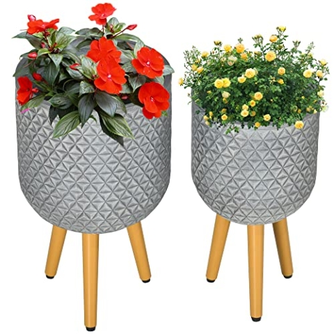 Outsunny Blumentöpfe 2er-Set, Pflanztöpfe mit Abnehmbaren Füßen, Ablauflöchern, Übertopf, Kräutertopf für Innen- und Außenbereich, MgO, Grau