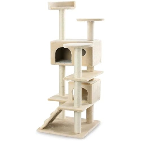 NYVI Katzen Kratzbaum Sammy 132 cm groß Beige - Deluxe Katzenbaum mit 2 Katzenhöhlen, 3 Plattformen und Sisal Kratz Säulen - Stabiles und Robustes Katzenhaus