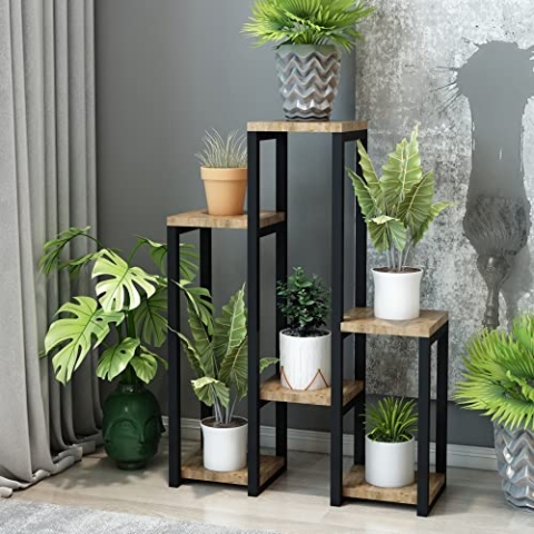 [en.casa] Pflanzregal Rosenholm Standregal mit 6 Ablagen Blumenregal aus Metall Blumentreppe für Wohnzimmer Schlafzimmer Flur Schwarz/Holzfarben