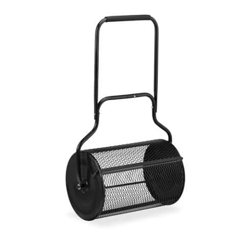 Relaxdays Kompoststreuer für Rasen, Meshkorb 75 L, Gartenstreuer mit Griff, HBT: 118x68x40 cm, Torfmoosstreuer, schwarz