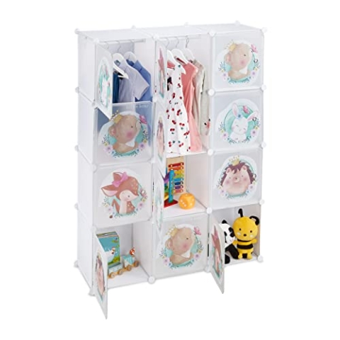 Relaxdays Steckregal Kinder, 2 Kleiderstangen, Türen mit Tierkindern, HBT: 145x110x37 cm, DIY Kinderkleiderschrank, weiß
