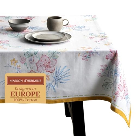 Maison d' Hermine Tischdecke, 100% Baumwolle 140cm x 180cm waschbare, quadratische Tischdecke, dekorative Oster-Tischdecke für Essen, Buffetpartys und Camping, Paradise Island – Frühling/Sommer