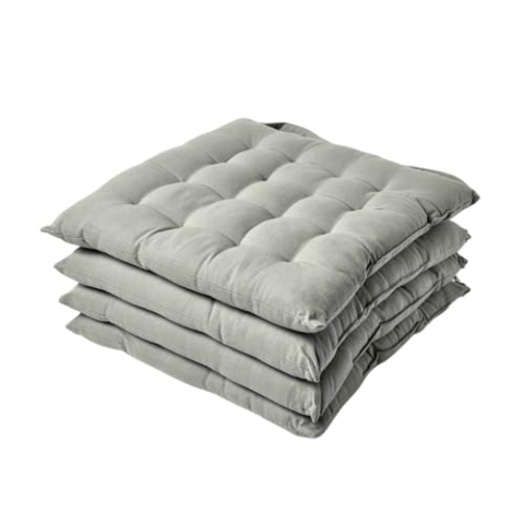 Homescapes 4er Set Stuhlkissen 40 x 40 cm, grau, Sitzkissen mit Bändern und Knopfverschluss, einfarbige Auflagen für Stühle mit Bezug aus 100% Baumwolle und weicher Polyester-Füllung, hellgrau