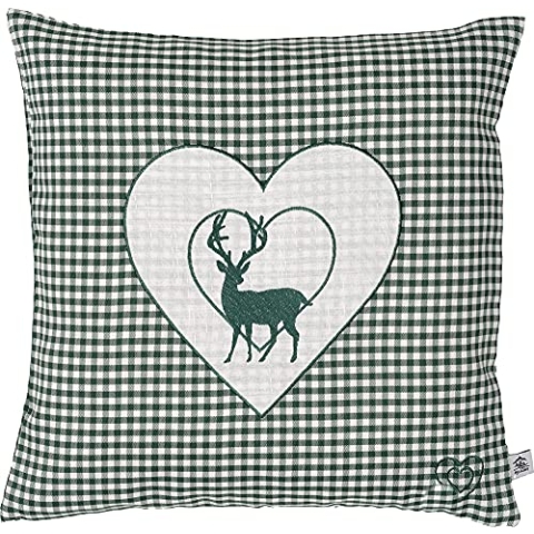 Zirbenkissen Bestickt mit Hirsch und Herz grün karriert Größe 40x40 cm befüllt mit Zirbenflocken aus Zirbenholz in extra Inlett