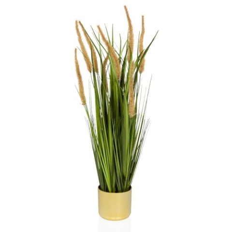 hjh OFFICE Kunstpflanze im Topf 78cm CORTADERIA I Pampasgras im goldenen Kunststoff-Topf, Künstliche Deko Pflanze