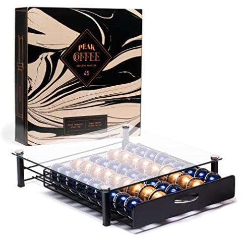 Peak Coffee Nespresso Vertuo Kaffeekapsel Tablett - Organizer & Kaffee Maschinenständer mit Glasdeckel - Kapselhalter mit Perfekter Schubladenführung - Kaffee Kapsel Aufbewahrung für 45 Kaffee Pods