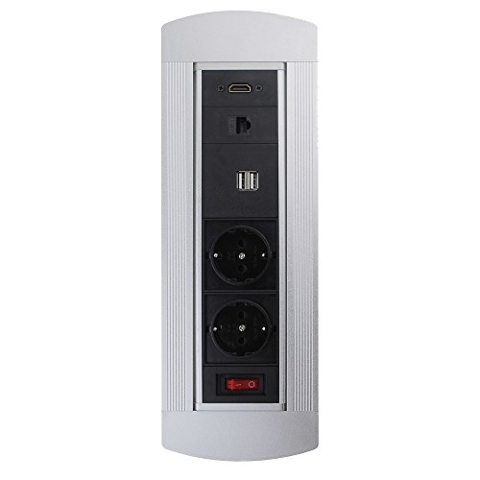 LEDmaxx ALUMS1 A, Multi Tischsteckdose 2 Schuko 2 USB 1 RJ45 1 HDMI, 3500 W, silber, 32.5 x 11 x 11.5 cm