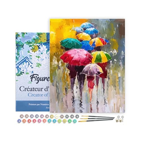Figured'Art Malen Nach Zahlen Erwachsene Mit Rahmen Schirme im Regen - Paint by Numbers Basteln DIY Bastelset 40x50cm Leinwand gespannt auf Holzrahmen