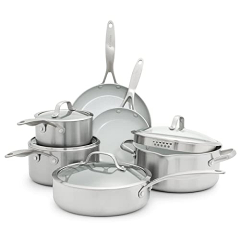 GreenPan Venice Pro Tri-Ply 10-teiliges Kochgeschirr Töpfe & Pfannen Set, Gesundes Antihaft-Kochgeschirr aus Edelstahl,Enthält Bratpfanne,Sautopf,PFAS-frei,Induktion,Spülmaschinen- und ofenfest,Silber