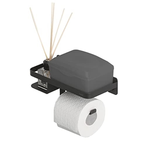 Tiger Caddy Toilettenpapierhalter mit Ablage, Toilettenrollenhalter mit Ablagefläche für Smartphone oder einer Box für feuchtes Toilettenpapier, Klopapierhalter zur Wandmontage, Edelstahl, Schwarz