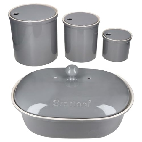 MamboCat 4er Set Oskar Vorratsdose S, M, L & Brottopf in Grau I Topf mit Deckel für Brot, Kartoffeln, Zwiebeln & Knoblauch aus weißem Ton für Ihre Küche I Aufbewahrungsbox