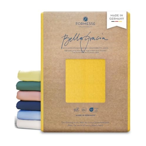 Formesse – Bella Gracia Jersey Spannbettlaken 180x190-200x220cm - bis 25cm Höhe - 97% Baumwoll-Kompaktgarn/Spannbetttuch aus Deutschland/Baumwoll Bettlaken mit Elastan - Farbe Goldgelb