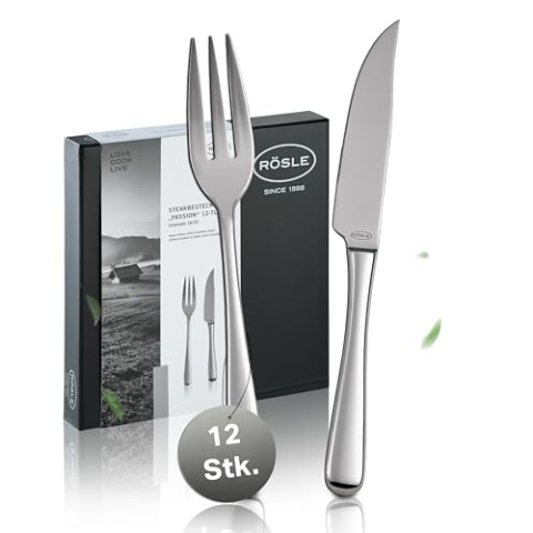 RÖSLE PASSION Steakbesteck 12-teilig – Hochwertiges Steakbesteck Set für 6 Personen aus Edelstahl 18/10 und Klingenspezialstahl – Hochglanzpoliert, Spülmaschinengeeignet, in Eleganter Geschenkbox