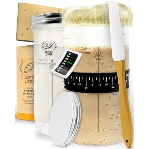 KRUSTENZAUBER 2x Sauerteig Starter Set - 2x 1000ml Gärglas mit Spatel u. Thermometer - Brot Backen Zubehör, Sauerteig Glas, Fermentieren, Sourdough Starter Kit, Anstellgut Glas, Fermentierglas
