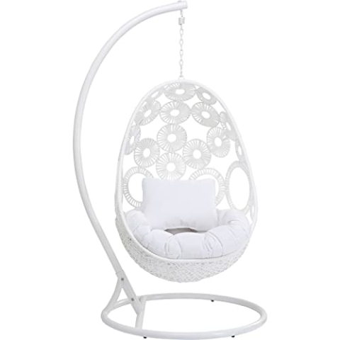 Kare Design Hängesessel Ibiza, Weiß, Indoor und Outdoor Hängestuhl, Hängekorb mit Gestell und 2 weißen Kissen, Bis 125kg belastbar, Weißes Stahlgestell, 209x120x104 cm (H/B/T)