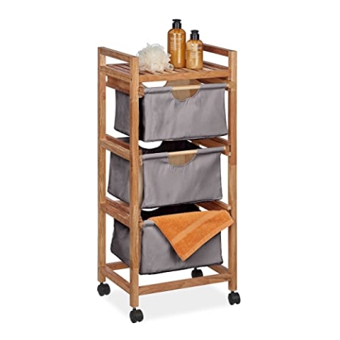 Relaxdays Badregal mit Wäschekorb, 1 offene Ablage & 3 Stoffkörbe, HBT: 96x43,5x33,5 cm, Standregal Walnuss, natur/grau