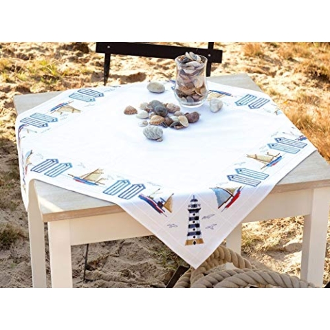 VERVACO Stickpackung Tischdecke Zählmusterpackung Kreuzstich Entlang der Küste Stickdecken zum Selbersticken Stickset Weihnachten Kreativ Set für Erwachsene 80 x 80 cm Kreatives Geschenk