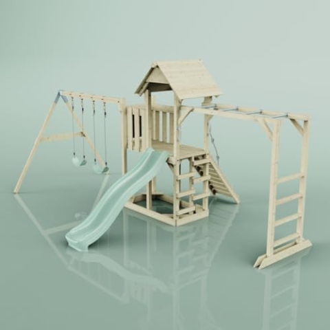 Rebo Klettergerüst aus Holz mit Wellenrutsche | Outdoor Spielturm mit Doppel-Kinderschaukel, Hangelstangen, Plattform und Kletterseil