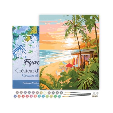 Figured'Art Malen Nach Zahlen Erwachsene Mit Rahmen Surfclub - Paint by Numbers Basteln DIY Bastelset 40x50cm - Leinwand gespannt auf Holzrahmen