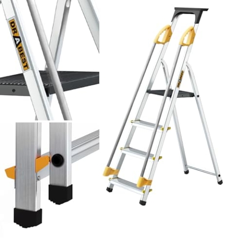 DRABEST Leiter PRO Serie Alu Klaptritt 4 Stufen Klappbare Leiter mit Sicherheits Handläufen bis 150 kg belastbar