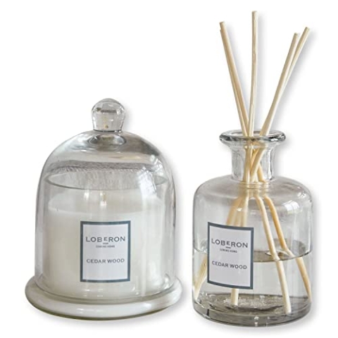 Loberon Duftset Vanis, mit Duftstäbchen und Kerze, stilvolle Duftkerze mit schmückender Glas-Cloche, Raumduft mit Stäbchen, Duftrichtung Zedernholz, Glas, Zedernholz